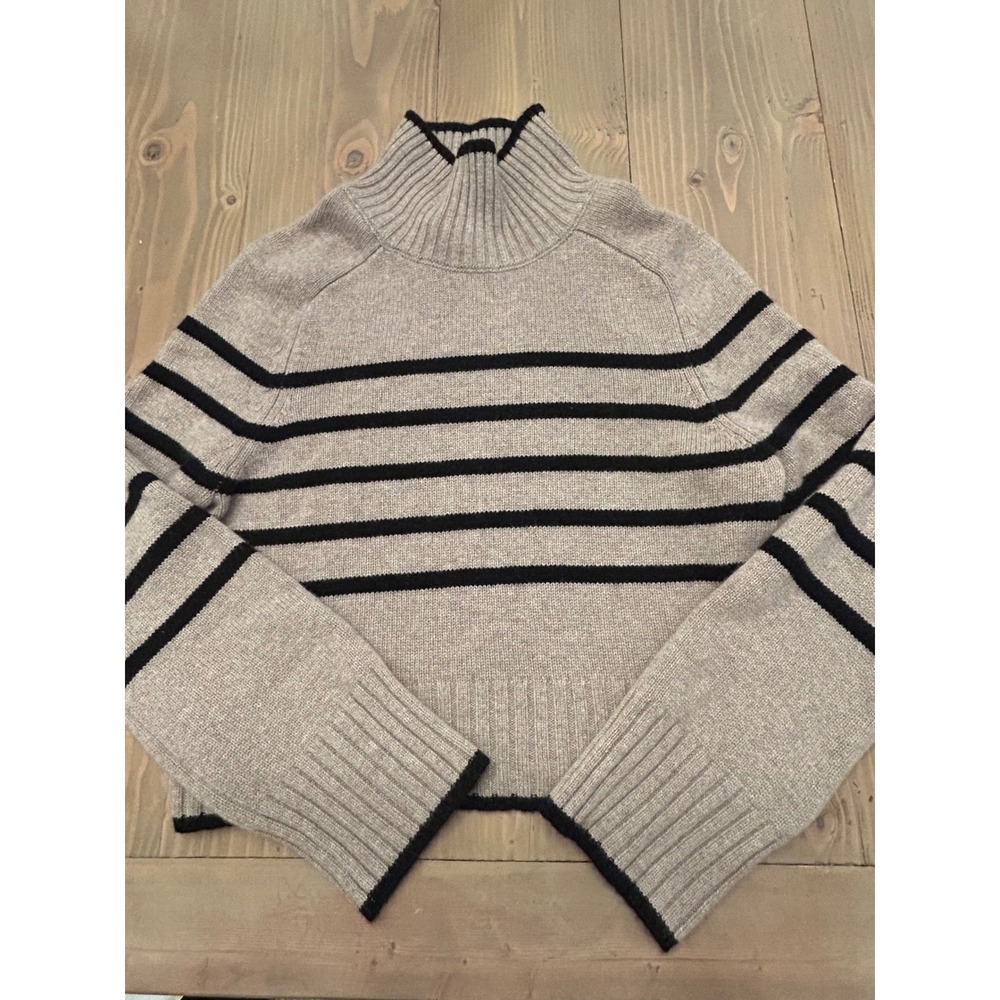 F23 Reformation Striped Recycled Cashmere Mock Neck Sweater Oatmeal Black Small